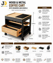 Wood and Metal Coffee Cart with Drawers and Wheels
