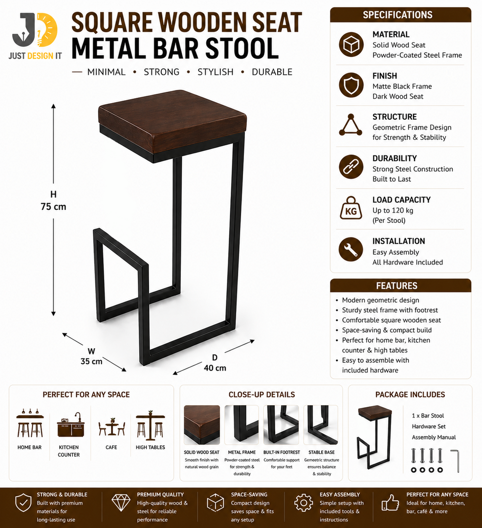 Square Wooden Seat Metal Bar Stool