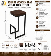 Square Wooden Seat Metal Bar Stool