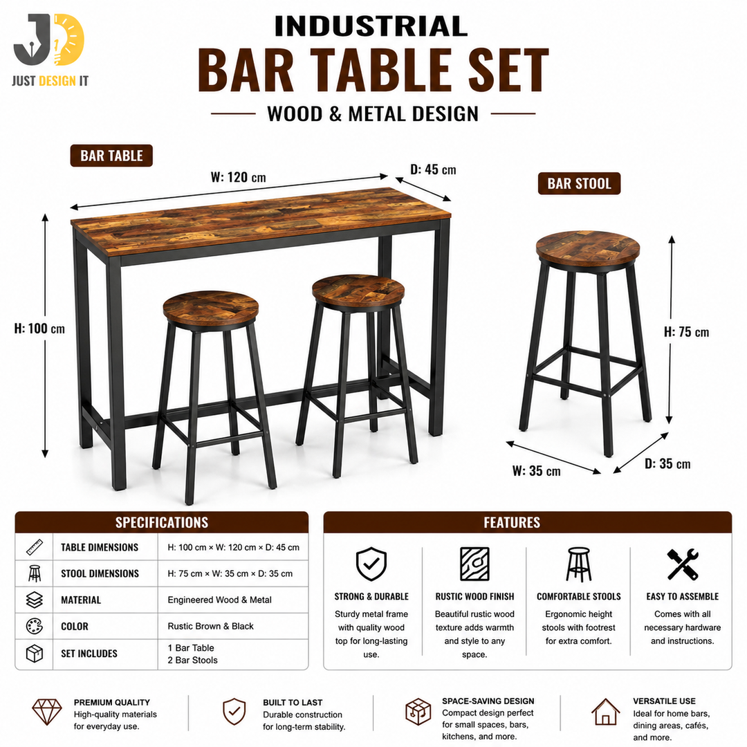 Industrial Wood and Metal Bar Table Set with 2 Stools