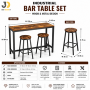 Industrial Wood and Metal Bar Table Set with 2 Stools