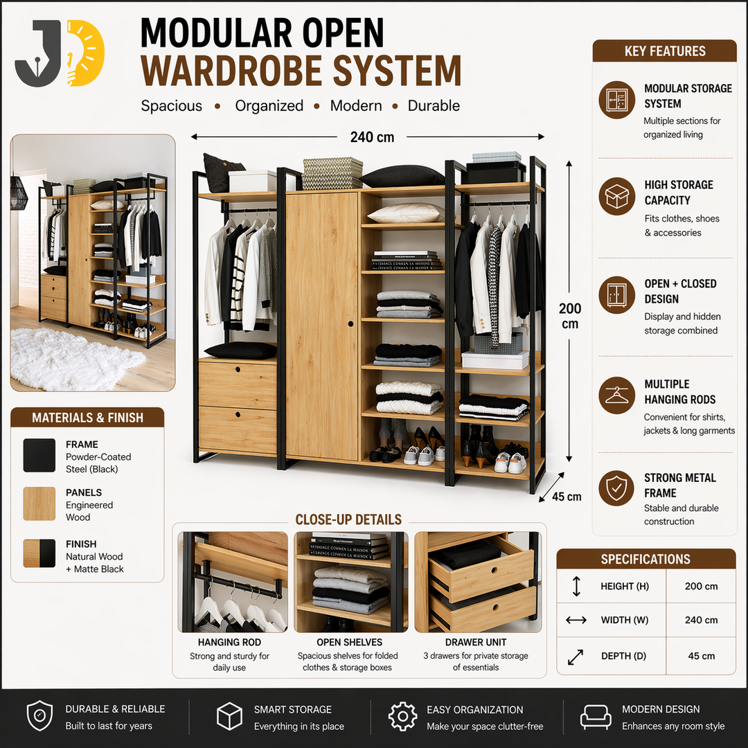 Multi-Section Open Wood & Metal Wardrobe
