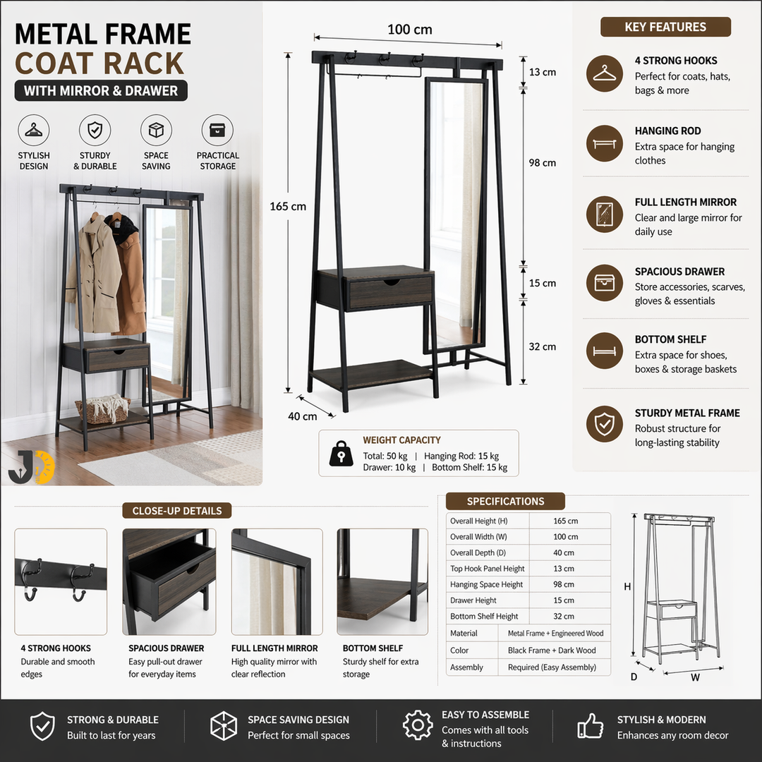 Metal Frame Coat Rack with Mirror & Drawer