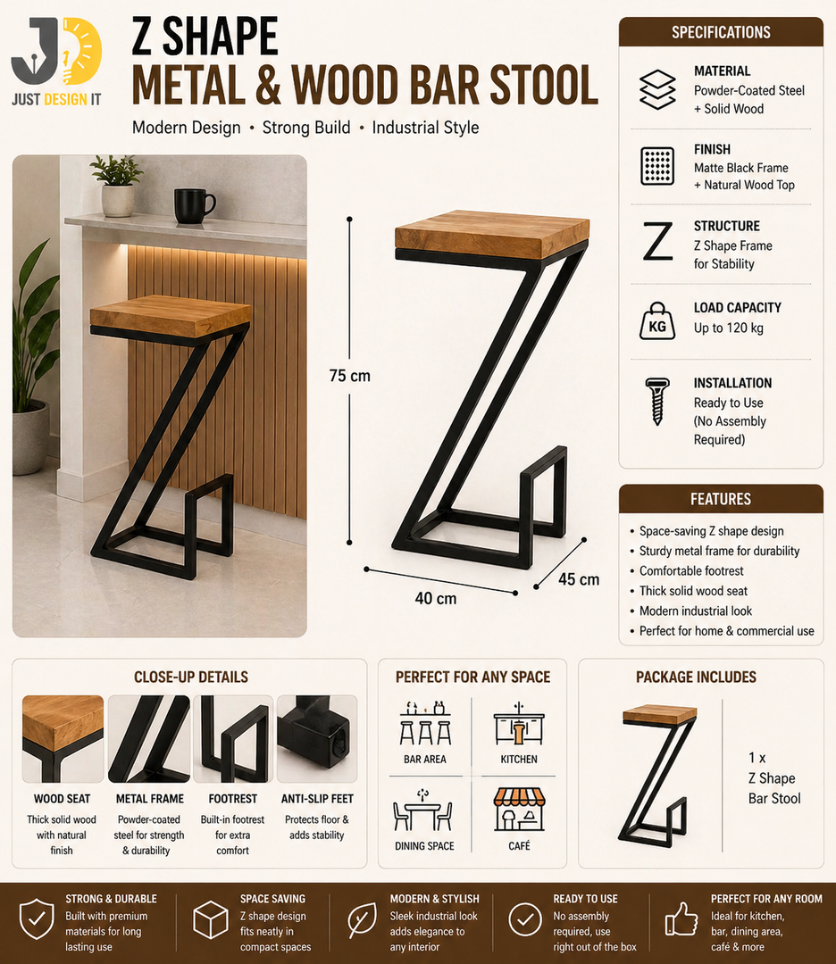 Z Shape Metal & Wood Bar Stool