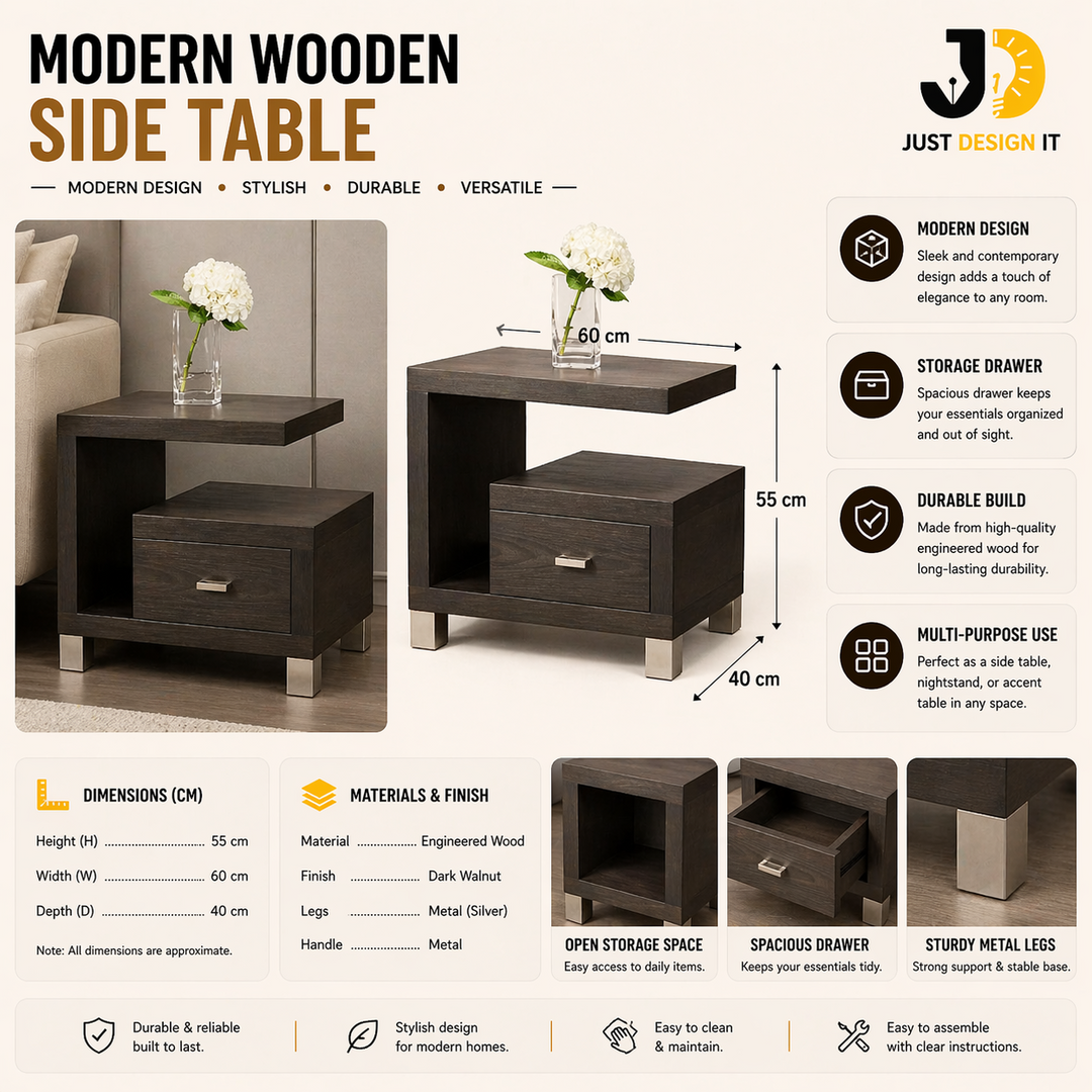 Modern Wooden Side Table with Storage Drawer
