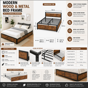 Wood & Metal Bed Frame with Storage Drawers – Modern Durable Design