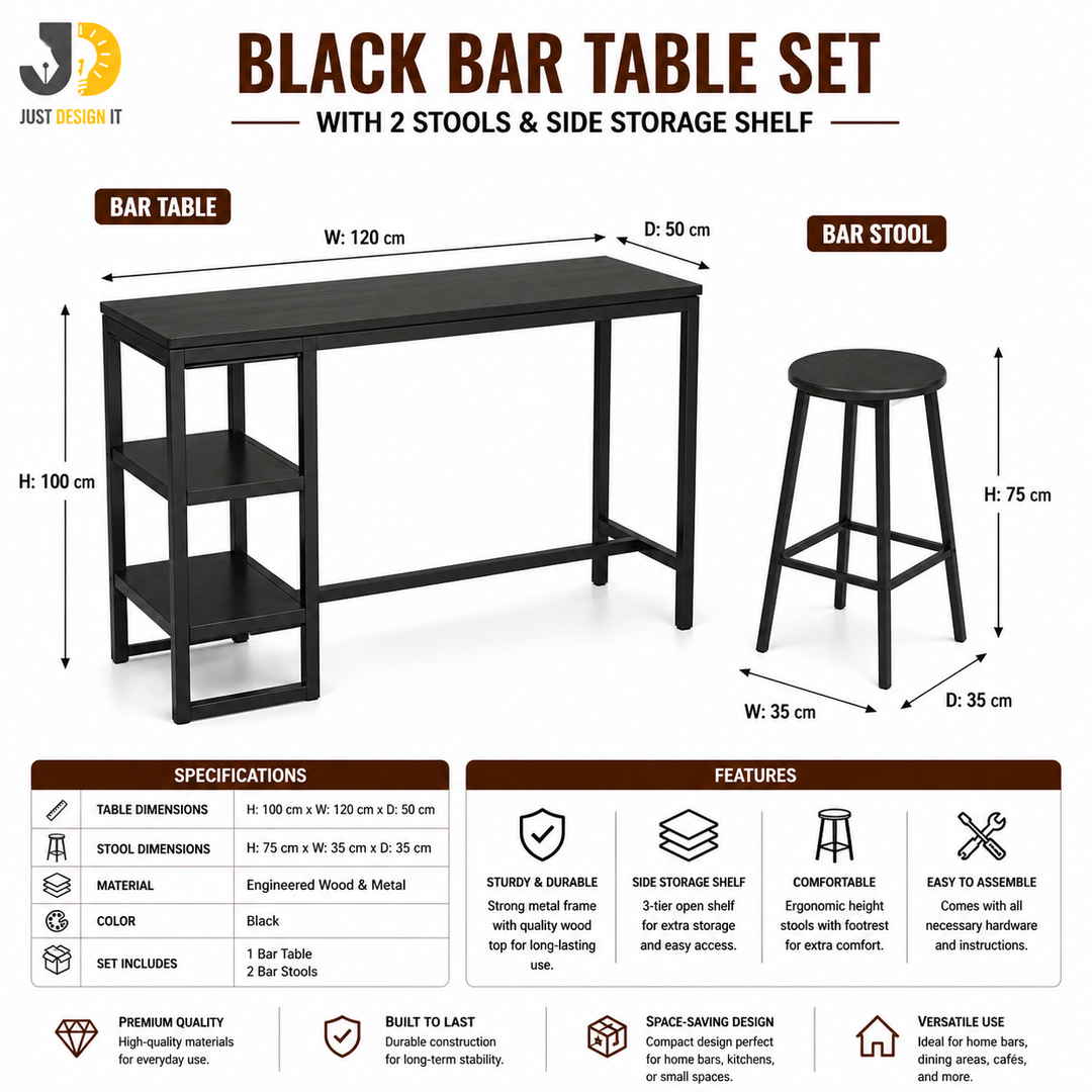 Black Bar Table Set with 2 Stools and Side Storage Shelf