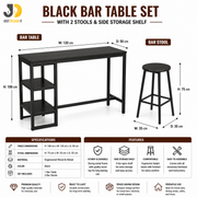 Black Bar Table Set with 2 Stools and Side Storage Shelf