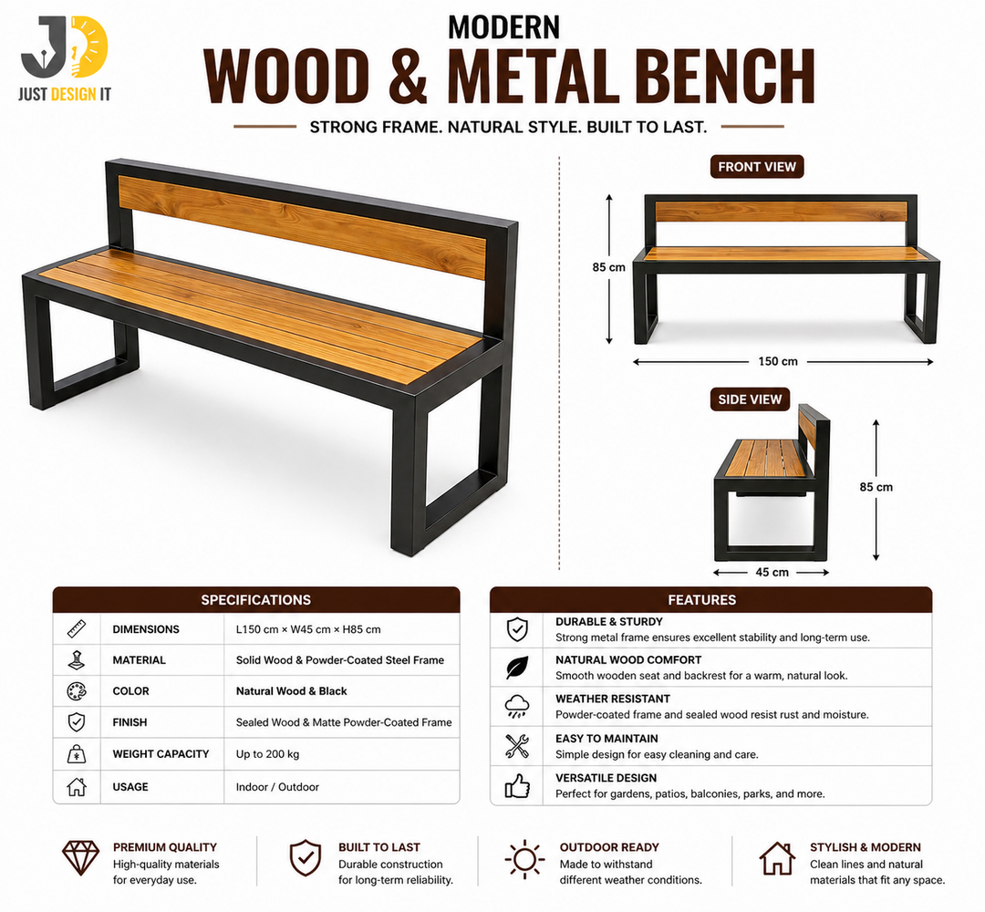 Modern Wood & Metal Bench with Backrest