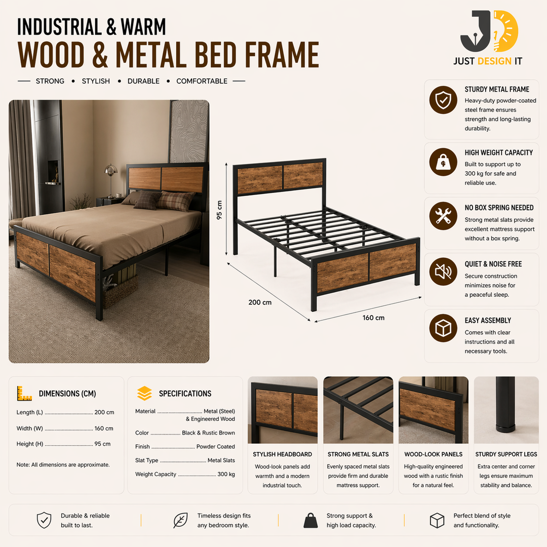 Industrial Wood & Metal Bed Frame – Warm & Sturdy Design