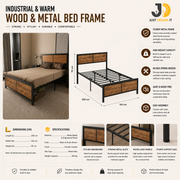 Industrial Wood & Metal Bed Frame – Warm & Sturdy Design