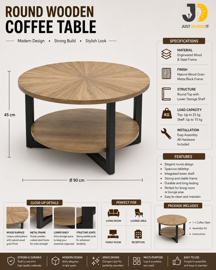 Round Wooden Coffee Table with Unique Design and Bottom Shelf