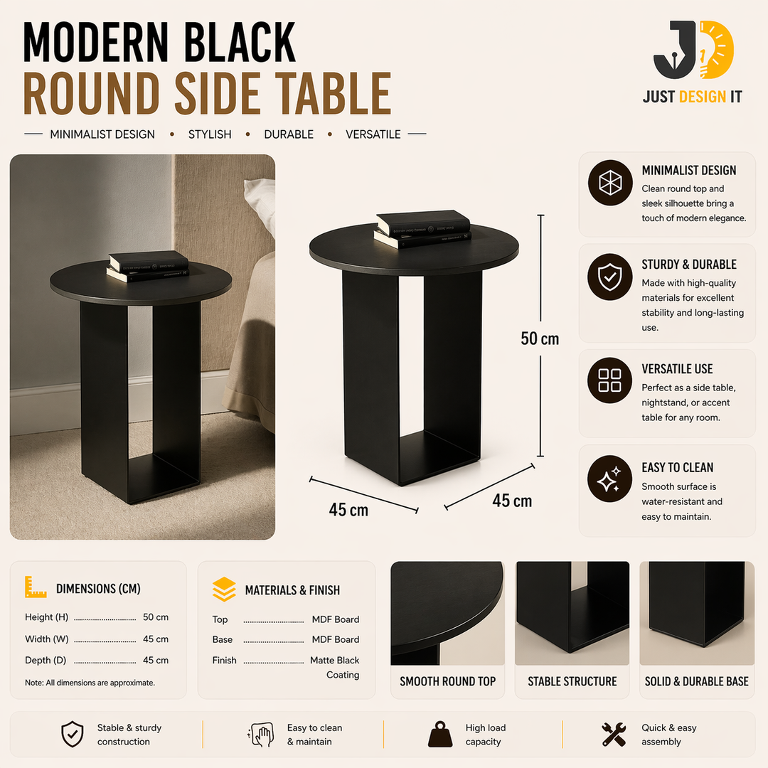 Modern Black Round Side Table – Minimalist Design