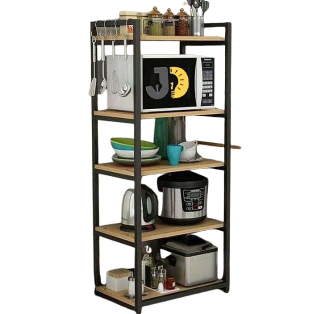 Wood and Metal Multi-Tier Kitchen Shelf with Hooks