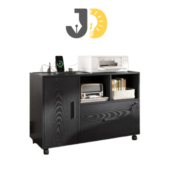 خزانة طابعة مكتبية سوداء بعجلات ورفوف مفتوحة
Black office printer cabinet with wheels and open shelves