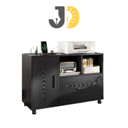 خزانة طابعة مكتبية سوداء بعجلات ورفوف مفتوحة
Black office printer cabinet with wheels and open shelves