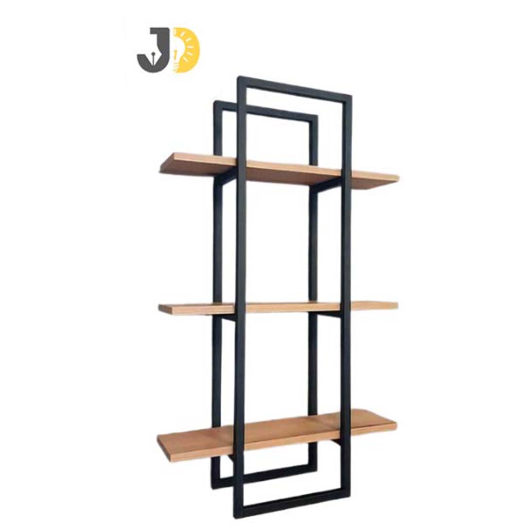 رف جداري معدني أسود بثلاثة رفوف خشبية عصرية | Modern Black Metal Wall Shelf with Three Wooden Tiers